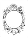 Rectangular postcard template with a round frame in the center, decorated with flowers and wild herbs in a circle.
