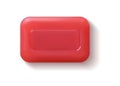 Rectangular red soap bar. Realistic hand washing detergent. 3D hygienic cleaning product. Square beauty bath soapy cleanser.