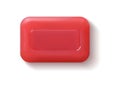 Rectangular red soap bar. Realistic hand washing detergent. 3D hygienic cleaning product. Square beauty bath soapy
