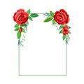 Rectangular Rose Frame with Red Lush Bud and Green Leaves Arranged in Shape with Border Vector Illustration Royalty Free Stock Photo