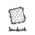 Rectangular sandwich with ham, bacon, lettuce, tomato slices and cheese. Top view. Hand drawn sketch style illustration of street