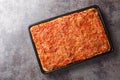 Rectangular Sfincione pizza with onions, tomatoes, cheese, anchovies and breadcrumbs closeup on a baking sheet. Horizontal top Royalty Free Stock Photo
