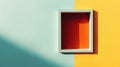 A rectangular shadow box with a light blue outer frame is set against a wall split into two distinct colors