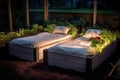 Rectangular sleep beds strawberry garden. Generate Ai