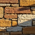 Rectangular stone blocks in various shades of brown and beige create a textured, Royalty Free Stock Photo