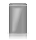 Rectangular tin box, realistic vector mock-up. Square metal jar with lid, mockup. Aluminum kitchen container, template