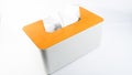 Stylish tissue box with wood lid on white background. Royalty Free Stock Photo