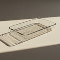 A rectangular, transparent glass baking dish sits on a white textured surface. Sunligh Royalty Free Stock Photo
