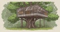 Rectangular treehouse built around a large, mature tree. The Royalty Free Stock Photo