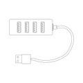Rectangular USB hub in contour design with USB ports and cable. A splitter for a computer or laptop. Flat vector Royalty Free Stock Photo