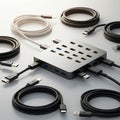 Rectangular USB hub with multiple ports, including USB-A and USB-C, sits on a light Royalty Free Stock Photo