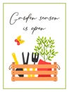 A rectangular vertical postcard with a box of garden tools, a pruner, a potted plant and a butterfly. Words - The