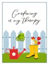 Rectangular vertical postcard with a fence, watering can, rubber boots, gloves, tulips. Words-Gardening is my therapy