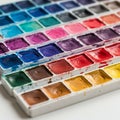 Rectangular watercolor palette featuring multiple rows of small, square pans filled