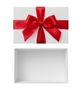 Rectangular white box with lid and red bow, isolated flat lay