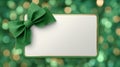 Rectangular white card with green background satin bow glowing green bokeh festive elegant design Royalty Free Stock Photo