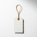 Rectangular white paper tag with a pinked edge, attached to a brown twine loop. The ta Royalty Free Stock Photo