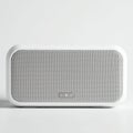 Rectangular white speaker featuring a perforated gray front grille for sound output.