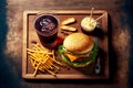 rectangular wooden board with burger and french fries set and glass of chilled coke