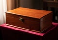 Rectangular wooden box with a rich, polished finish placed on a red velvet cloth. It Royalty Free Stock Photo