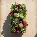 Rectangular wooden planter on a light wooden surface holds a Royalty Free Stock Photo