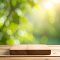 Rectangular Wooden Platform on Table with Blurred Greenery Sunlight Bokeh Background plank Royalty Free Stock Photo