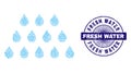 Drops Recursive Collage of Drops Icons and Distress Fresh Water Round Guilloche Stamp