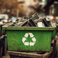 Recyclable Electronics in a Green Bin Highlighting E-Waste Management and Sustainability Efforts in Urban Environments Royalty Free Stock Photo