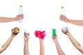 Recyclable hand hold show symbol plastic bottle used paper canned light bulb Royalty Free Stock Photo