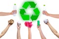 Recyclable hand hold show symbol plastic bottle used paper canned light bulb Royalty Free Stock Photo