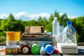 Recyclable Materials on Nature Backdrop, Various recyclable materials laid out against a backdrop of lush greenery, emphasizing Royalty Free Stock Photo