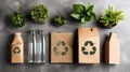 Recyclable materials and small plants are arranged on a gray surface. Items Royalty Free Stock Photo