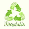 Recyclable Package Concept. Recycle Symbol Three Green Circulate Arrows with Doodle Drawings. Garbage