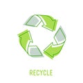 Recyclable Package Concept. Recycle Symbol of Three Green Circulate Rotating Arrows with Doodle Drawings Royalty Free Stock Photo