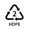 Recycle arrow triangle HDPE types 2 isolated on white background, symbology two type logo of plastic HDPE materials, recycle Royalty Free Stock Photo