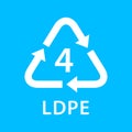 Recycle arrow triangle LDPE types 4 isolated on blue background, symbology four type logo of plastic LDPE materials, recycle