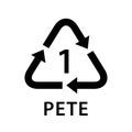 Recycle arrow triangle PETE types 1 isolated on white background, symbology one type logo of plastic PETE materials, recycle Royalty Free Stock Photo