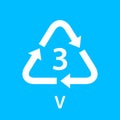 Recycle arrow triangle V types 3 isolated on blue background, symbology three type logo of plastic V materials, recycle triangle