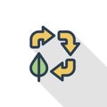 Recycle arrows and leaf. Environmental protection thin line flat color icon. Linear vector symbol. Colorful long shadow Royalty Free Stock Photo