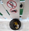 Recycle bin with garbage in a plastic package of black color, a row drew prohibition signs on a white background,