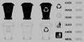 Recycle Bin. Recycle waste symbol. Outline and black trashcan. Collection of garbage bins in glyph and outline style. Vector