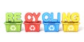 Recycle bins with text RECYCLING 3D