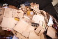 Recycle, cardboard or box of garbage for waste management, junk yard trash or rubbish. Community. background or