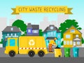 Recycle city waste garbage truck banner bin trash vector illustration. rubbish container electronic household ewaste can