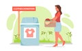 Recycle clothes donation, eco friendly fashion and charity vector illustration. Cartoon woman holding box to donate old