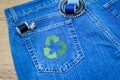 Recycle clothes icon on jeans, sustainable fashion concept