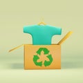 Recycle clothes symbol on box with t shirt on hanger, 3D illustration