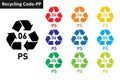 Mobius Strip Plastic recycling symbol 06 PS. Plastic recycling code 06 icon collection in ten colors.