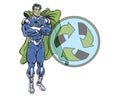 Recycle comic book super hero in heroic pose with recycle shield