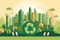 Recycle concept with green eco city background. Ecology and Environment conservation resource sustainable.Vector illustration Royalty Free Stock Photo